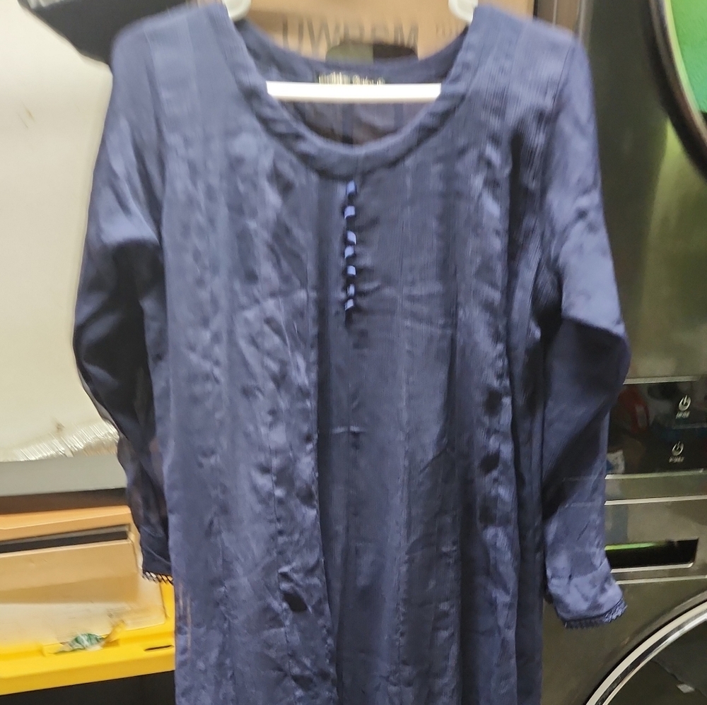 Navy Blue Long Frock Style Chiffon Kameez